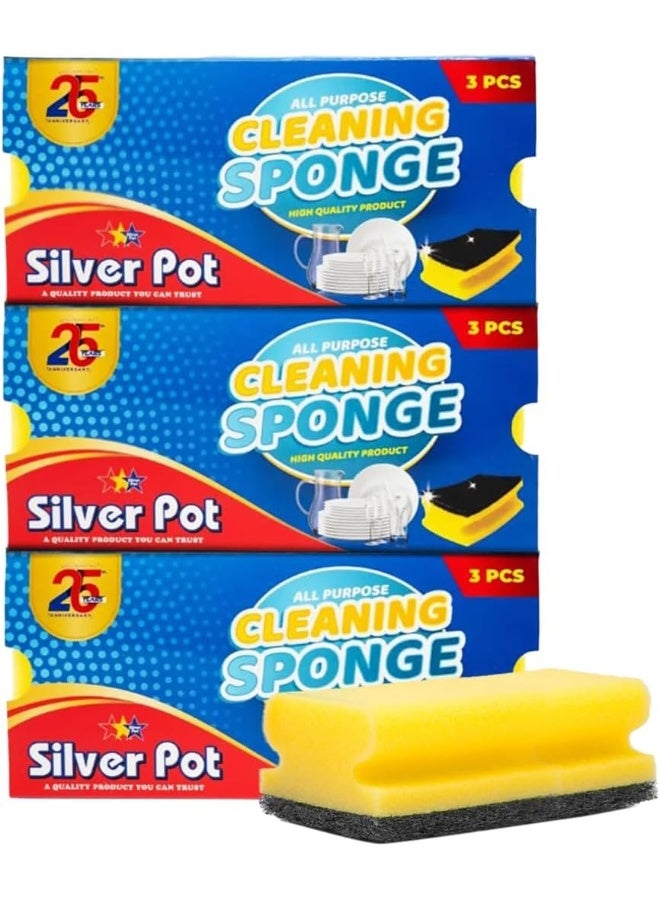 Silver Pot 9pcs Kitchen Sponge & Scourer – 3 x 3 Promo Pack, 13cm Dual-Purpose Cleaning Sponges for Pots, Pans, Kitchen Utensils, and Delicate Surfaces - Image 1